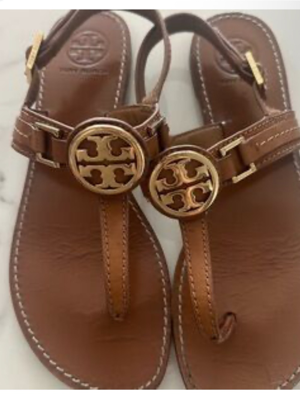 Tory Burch Brown Leather Logo T-Strap Sandals with Gold Accents